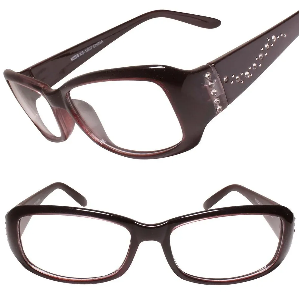 Stylish Womens Sophisticated Bling Rhinestone Brown Rectangle Clear Lens Glasses